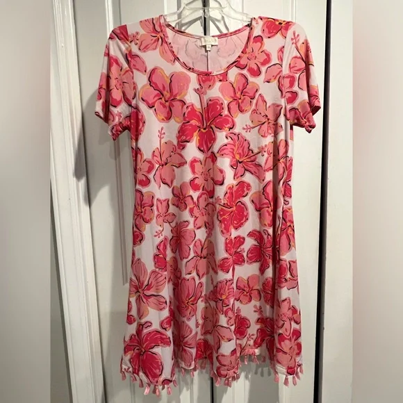 Simply Southern | Dresses | Simply Southern Pink Hibiscus Short Sleeve Dress  W Pockets Tassel Hem | Poshmark